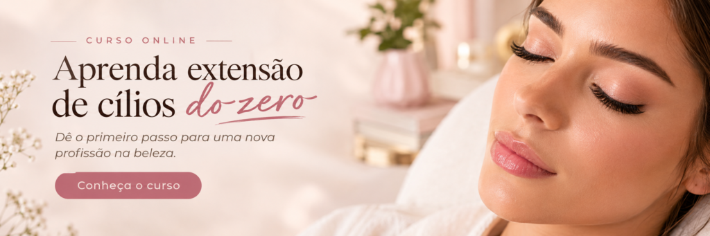 Banner do curso online de extensão de cílios para iniciantes, com convite para aprender do zero e começar uma profissão na área da beleza.