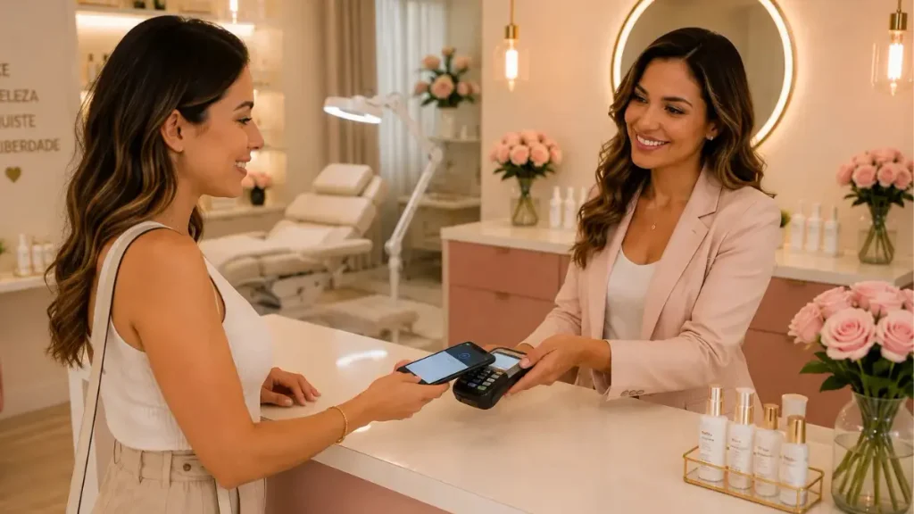 Profissional de extensão de cílios atendendo cliente em salão de beleza elegante