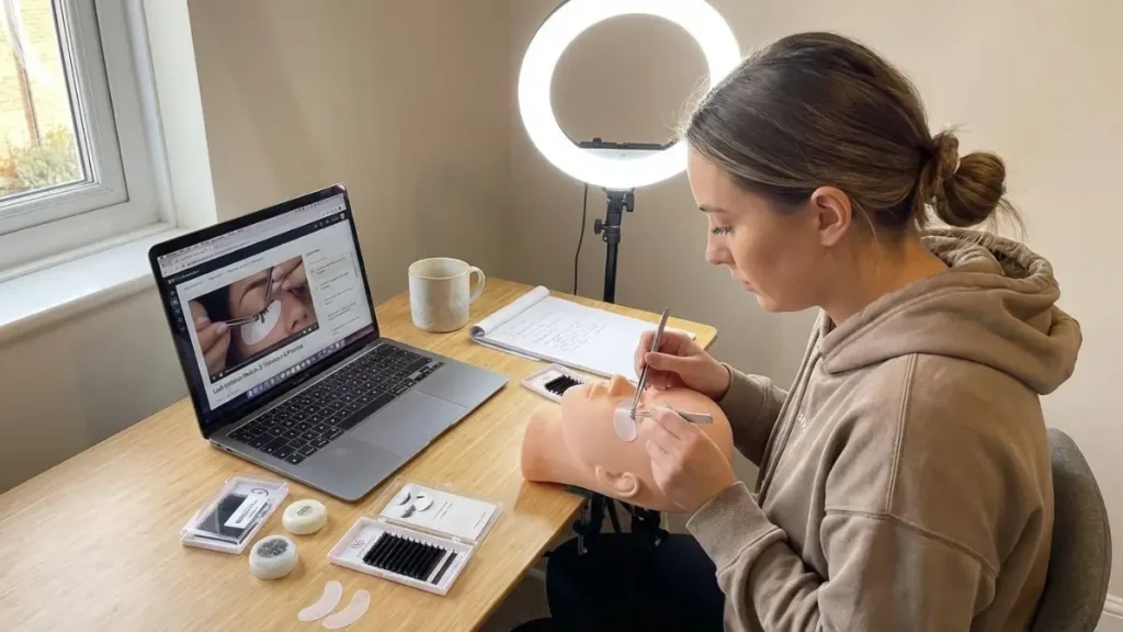 Lash designer de cabelos presos pratica extensão de cílios em um manequim realista, usando pinças de precisão e assistindo a um tutorial em vídeo no notebook, como parte de sua estratégia de como conseguir clientes de cílios pela qualidade do serviço