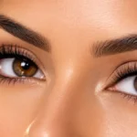 Olhos com extensão de cílios elegante, fios alongados e curvados e sobrancelhas bem delineadas, em close-up com iluminação suave.