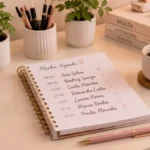 Agenda de uma designer de cílios aberta sobre uma mesa, mostrando um cronograma diário completo de 8:00 às 18:00 com nomes de clientes