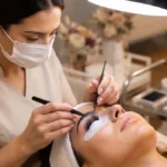 Profissional qualificada realizando procedimento para gerar renda extra com cílios em um ambiente limpo e seguro.